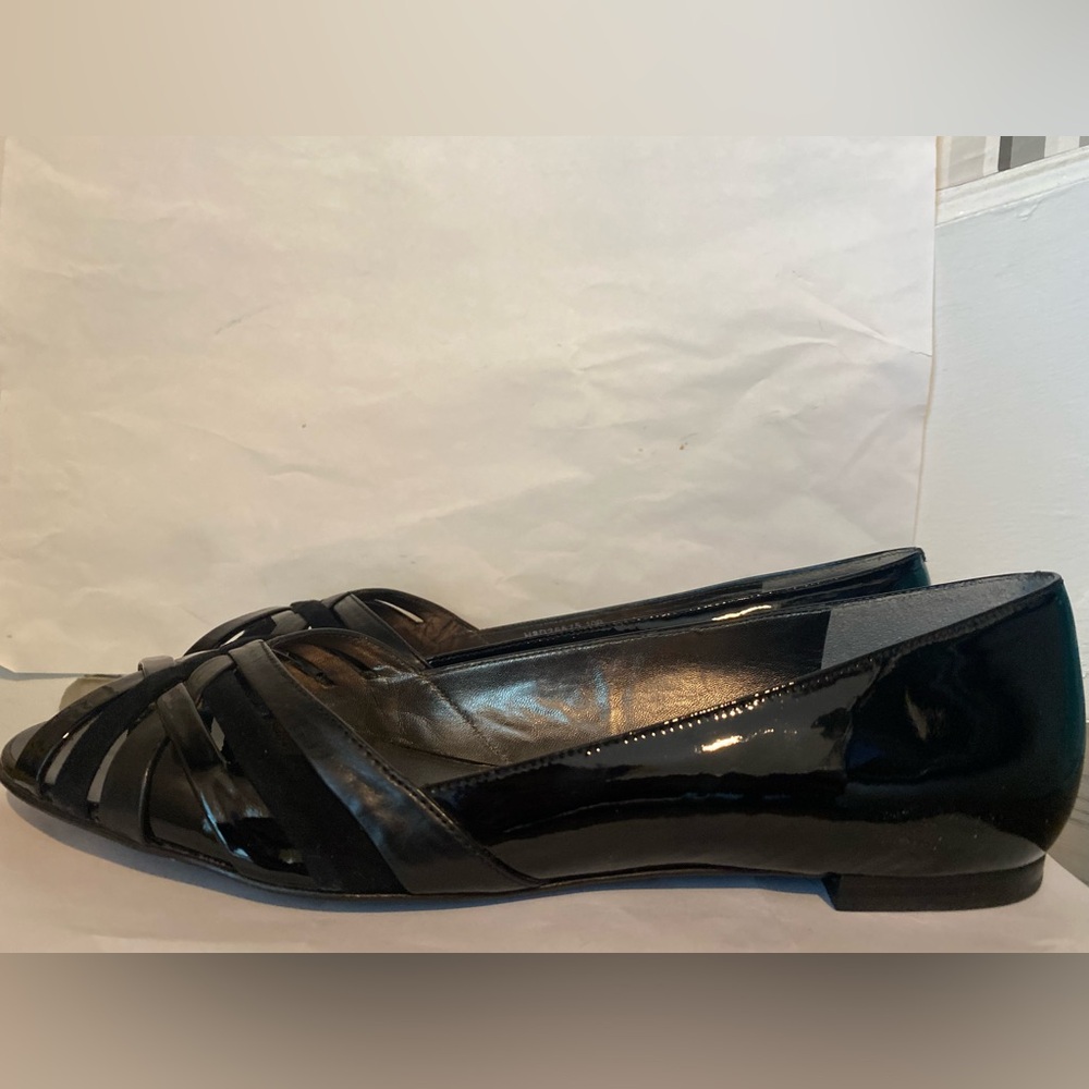 Cole Haan Black Patent Leather Criss Cross Flats Open Toe shoe 10B